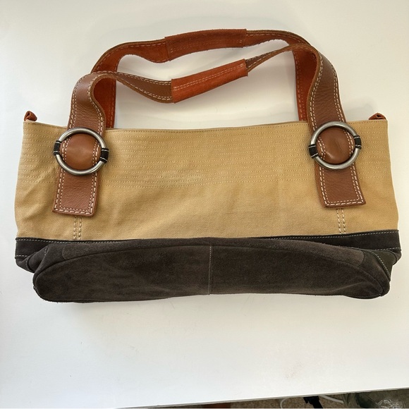 FOSSIL Khaki Canvas Brown Suede with Rust Colored Suede Straps Shoulder Tote Bag - Picture 2 of 11